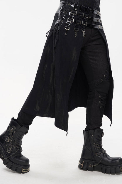 Black Punk Patent Leather Paneled Belt Irregular Print Metal Men's Skirt