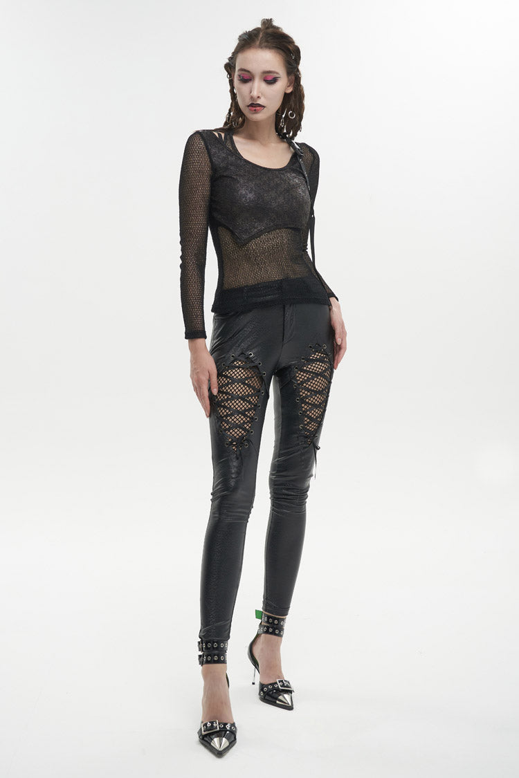 Black Wool Shoulder Loop Adjustable Asymmetric Wrapped Women's Punk T-Shirt