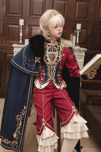 Red/Blue [Royal Glory] Stand Collar Long Sleeves Ruffled Embroidered Gothic Vintage Prince Palace Ouji Lolita Set