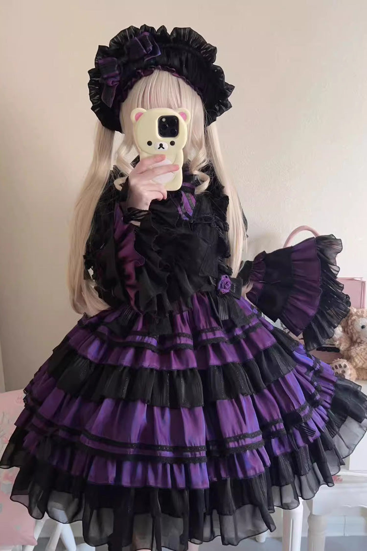 Black/Purple Long Trumpet Sleeves Multi-Layered Ruffle Bowknot Lace-Up Gothic Lolita Dress