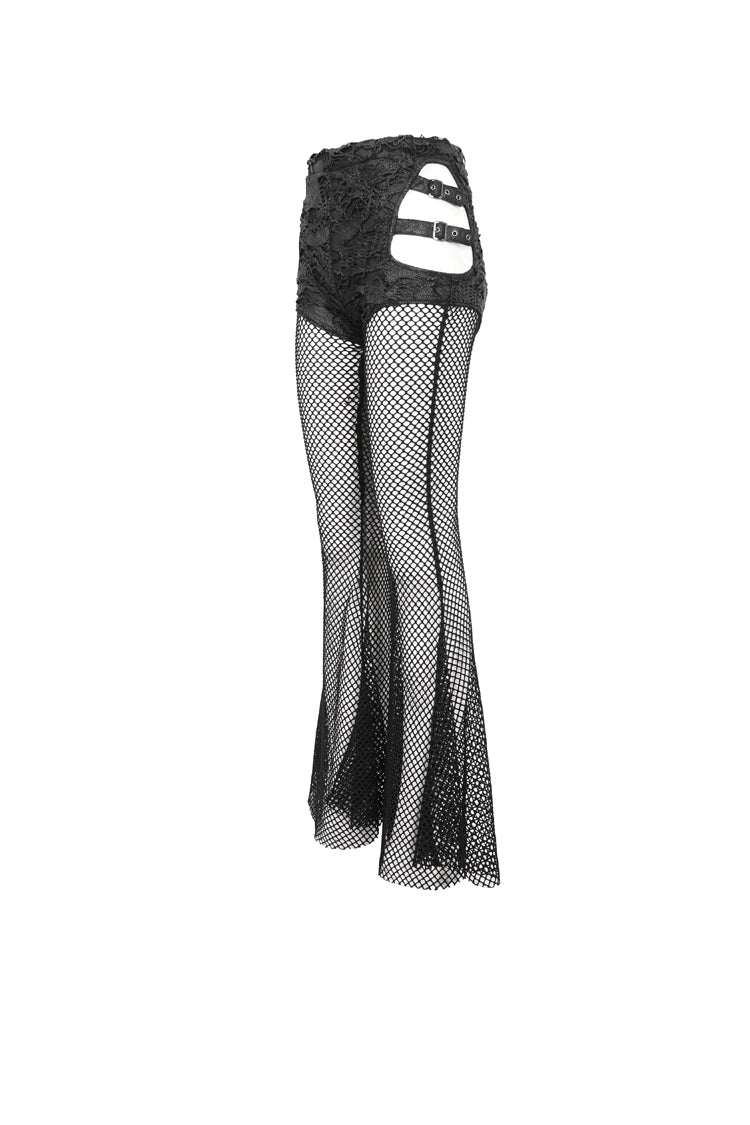 Black Stretch Knit Panel Mesh Cutout Flare Women's Gothic Trousers