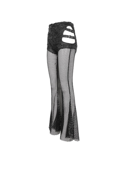 Black Stretch Knit Panel Mesh Cutout Flare Women's Gothic Trousers