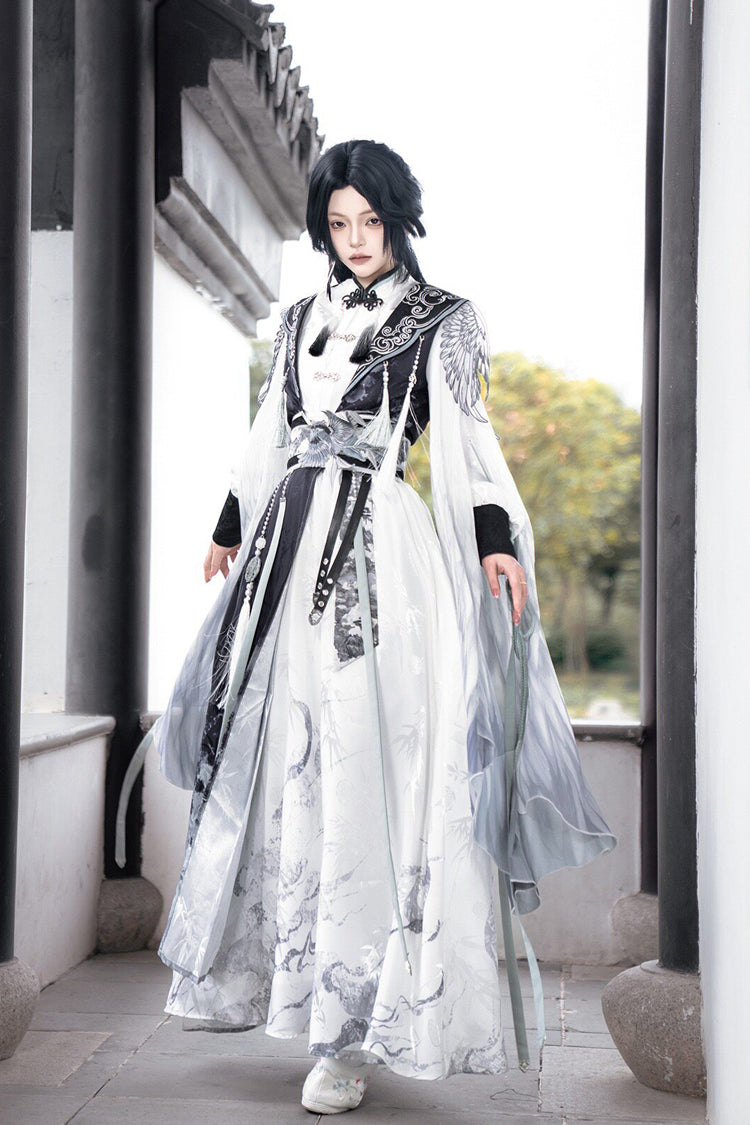 Black/White [Magpie Feather] Stand Collar Long Sleeves High Waisted Printed Embroidered Women's Classic Hanfu Dress Set