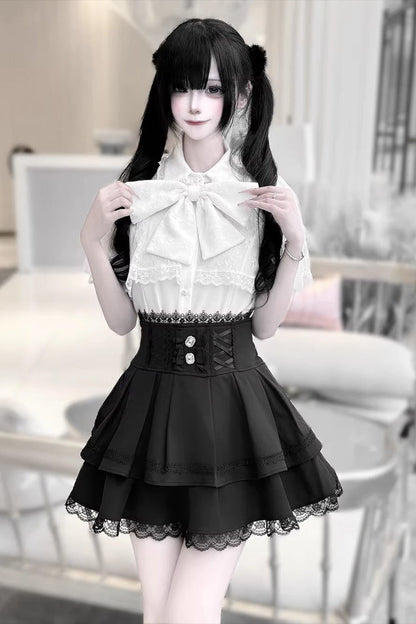 [Dark Moon Shadow] Short Sleeves Double-Layered Ruffled Embroidered Bow Lace-Up Gothic Jirai Kei Lolita Top + Skirt Set