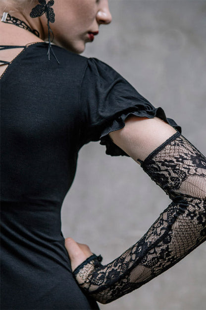 Black Sexy Mid-Length Patterned Lace Modal Women Gothic T-Shirt With Necklace