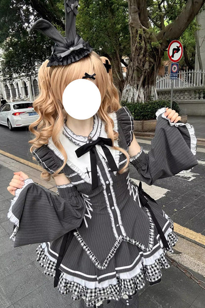 Black [Berlin Covenant] Detachable Sleeves Hime Sleeves Print Ruffle Bowknot Lace-Up Gothic Lolita Dress Set