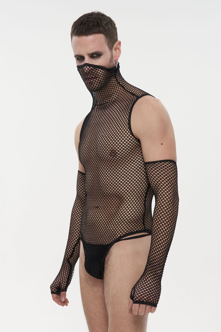 Black Transparent Mesh Sexy Super High Collar Masked Glove Thong Men's Punk Onesie