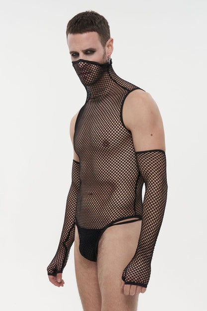Black Transparent Mesh Sexy Super High Collar Masked Glove Thong Men's Punk Onesie