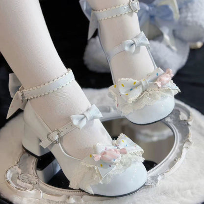 Bowknot Frills Lace-Up Sweet Lolita High Heel Shoes 3 Colors