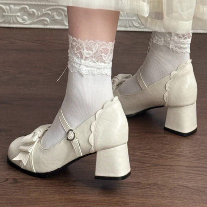 Bowknot Square Toe Sweet College Style Lolita High Heels Shoes 3 Colors