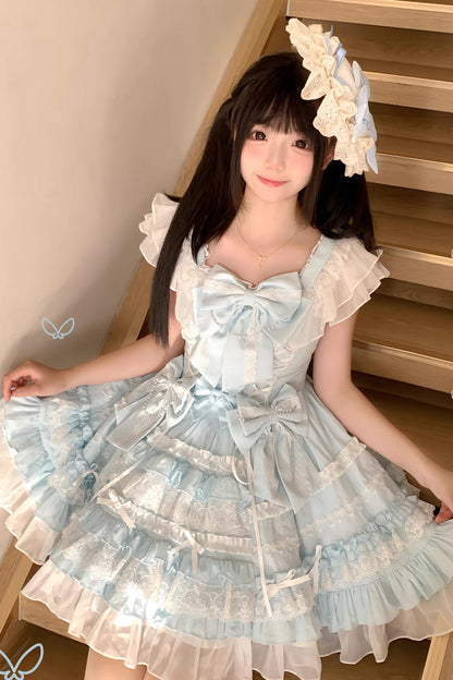 Blue [Snow Top Doll] Sleeveless Multi-Layered Ruffled Bow Lace Princess Sweet Lolita Tiered Dress