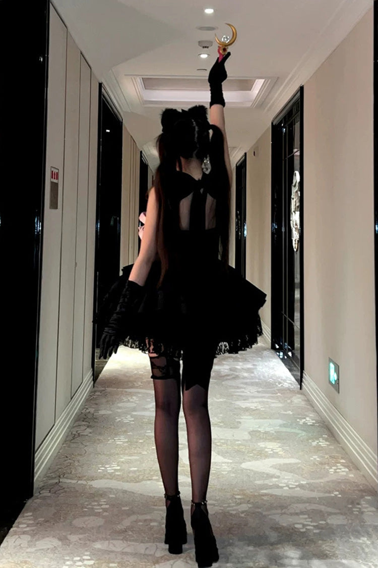 Black [Kitten Sweetheart] Multi-Layered Ruffled Bow Lace-Up Princess Ballet Gothic Lolita Jsk Dress