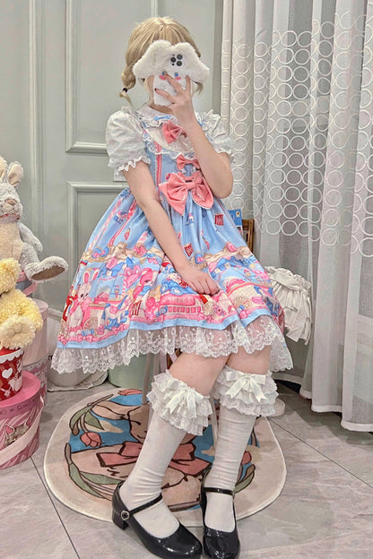 Blue/Pink Doll Playground Print Ruffle Bowknot Sweet Lolita Jsk Dress