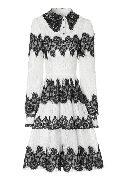 Black/White Lace Pearl Embroidered Doll Collar Long Sleeves High Waisted Sweet Lolita OP Dress