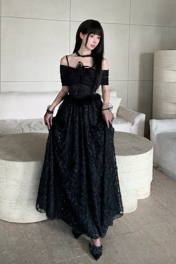 Black [Swan] Off Shoulder Jacquard Embroidered Bow Gothic Lolita Jsk Dress