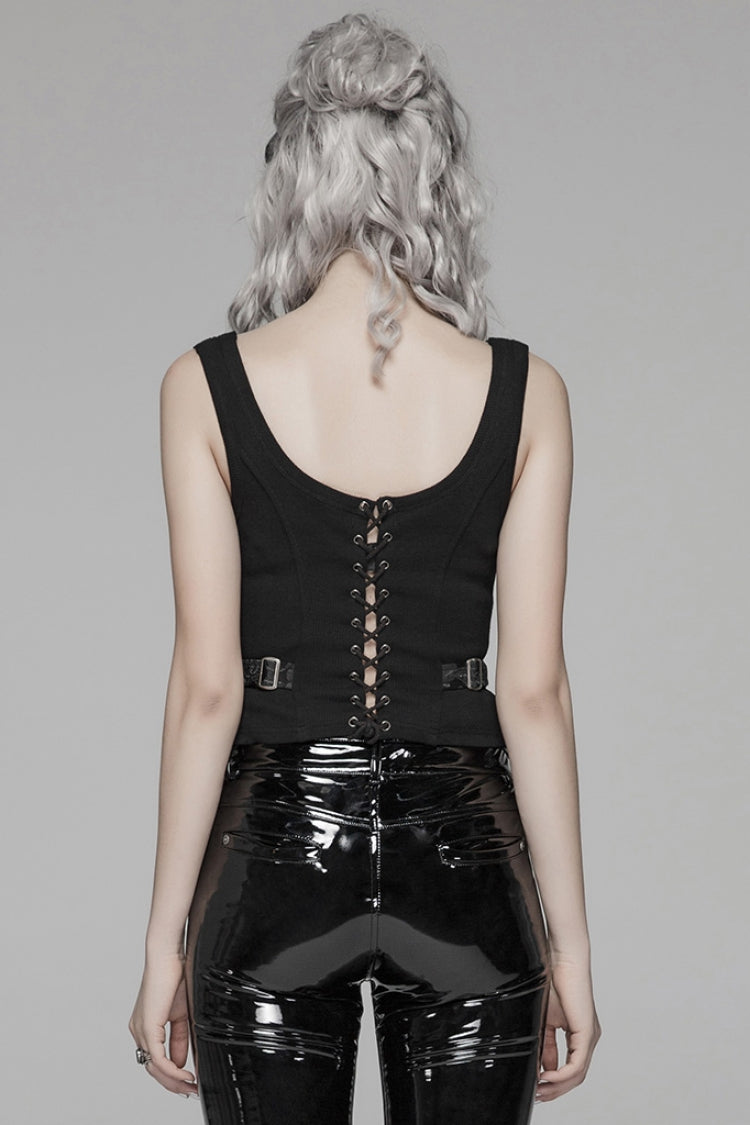 Steampunk Sleeveless Jacquard Print Metal Buckle Strap Metal Zipper Hollow Lace-Up Women's Vest 4 Colors