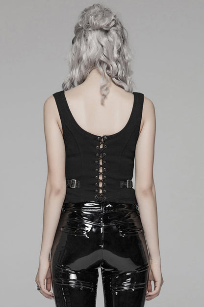 Steampunk Sleeveless Jacquard Print Metal Buckle Strap Metal Zipper Hollow Lace-Up Women's Vest 4 Colors