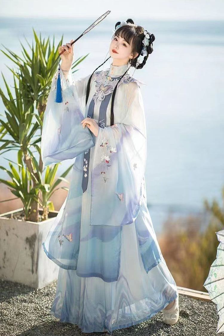 Blue Long Sleeves High Waisted Embroidery Women's Classic Chinese Style Hanfu Dress Full Set