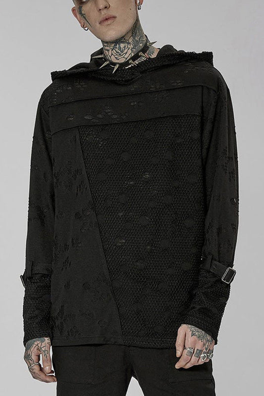 Black Punk Ripped Knit Mesh Surface Splicing Detachable Ring Sleeve Webbing Hooded Men's T-Shirt