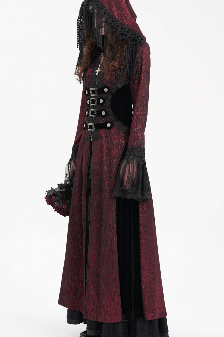 Red Buckle-up Tassels Women's Gothic Jacket with Hood