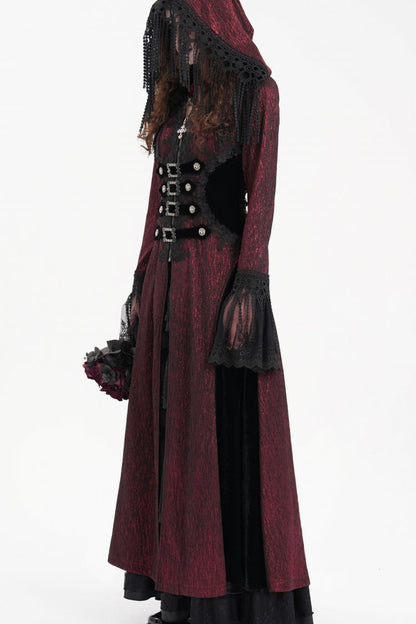 Red Buckle-up Tassels Women's Gothic Jacket with Hood