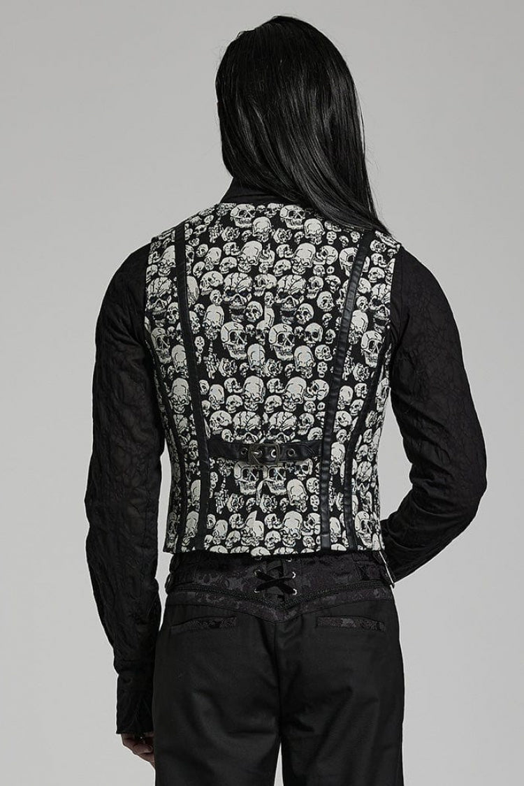 White/Black Contrast Sleeveless Skulls Print Jacquard Hollow Mens Gothic Vest