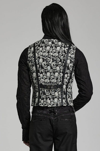 White/Black Contrast Sleeveless Skulls Print Jacquard Hollow Mens Gothic Vest