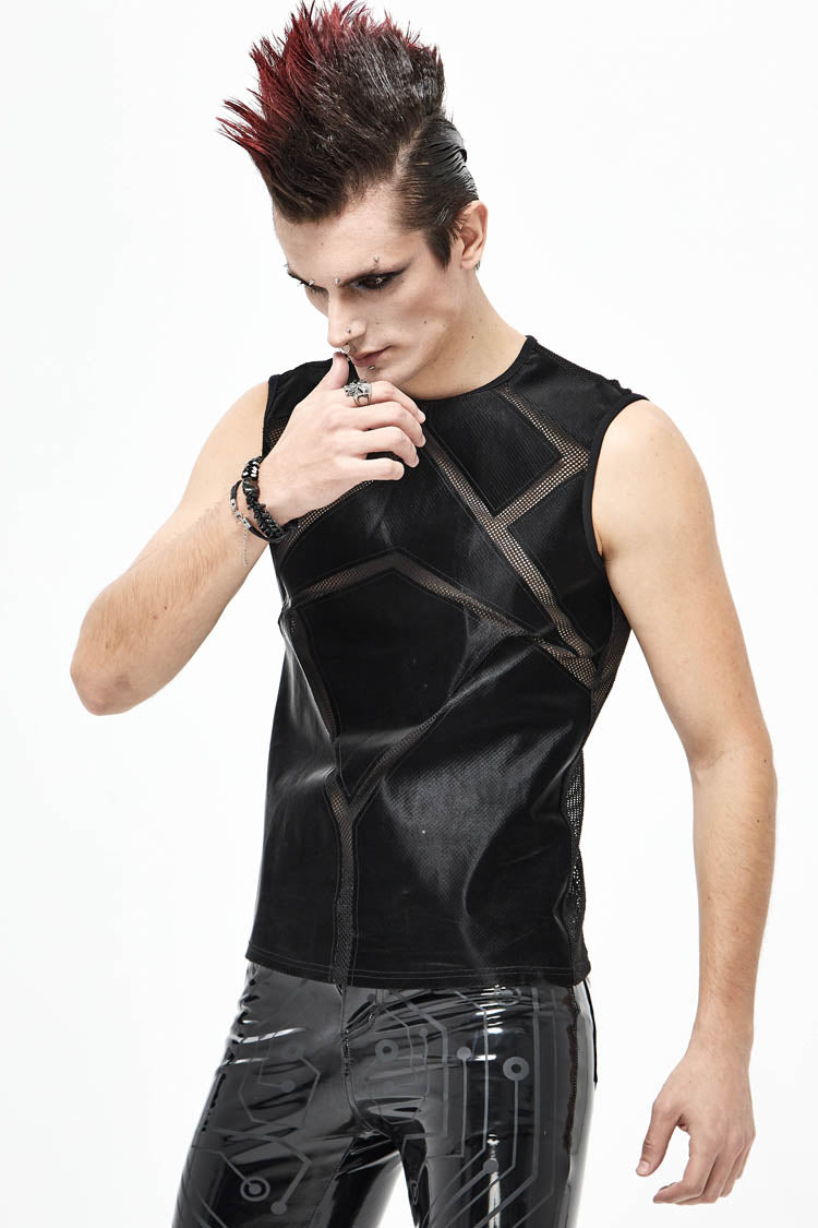 Black Shiny Knits Splice Armor Modeling Mesh Men's Punk Vest