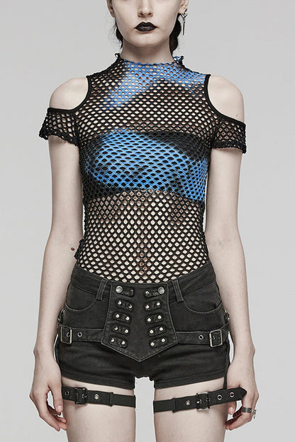 High Collar Hollow Stitching Tie-dyed Off-The-Shoulder Womens Steampunk T-Shirt 3 Colors