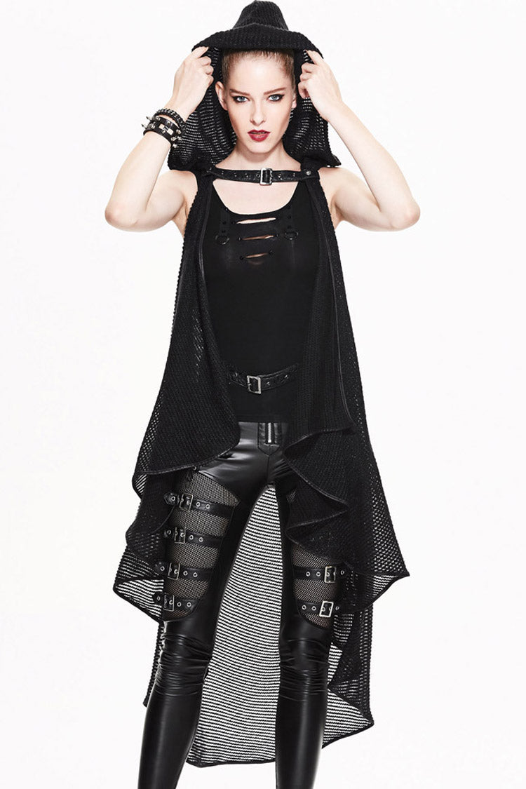 Black Sleeveless Irregular Fishing Net Long Style Hooded Womens Gothic Shawl Coat