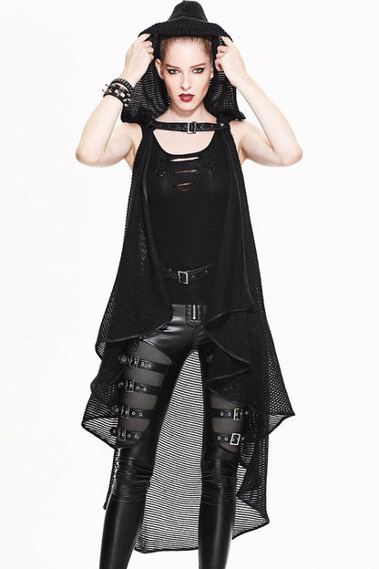 Black Sleeveless Irregular Fishing Net Long Style Hooded Womens Gothic Shawl Coat