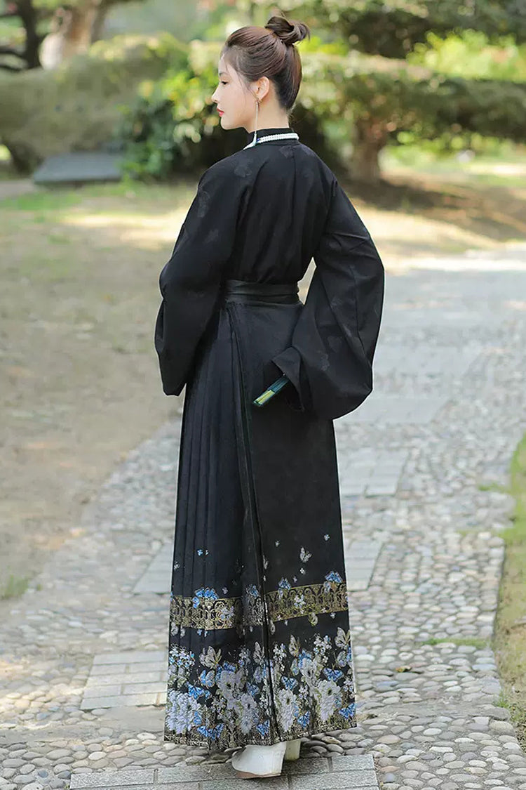 Black Stand Collar High Waisted Print Women's Classic Chinese Style Hanfu Skirt With Blouse