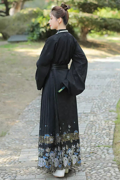 Black Stand Collar High Waisted Print Women's Classic Chinese Style Hanfu Skirt With Blouse