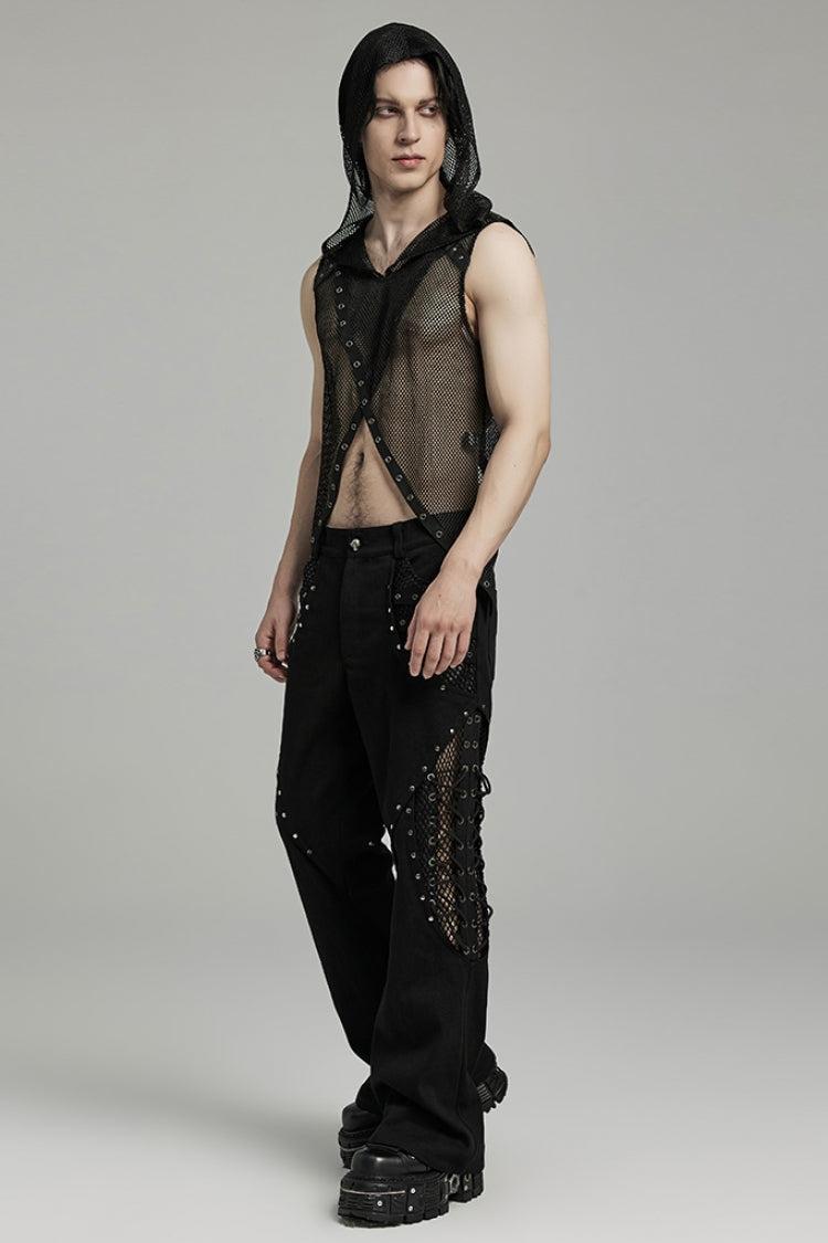 Black Stitching Lace-Up Mesh Men's Gothic Flared Pants