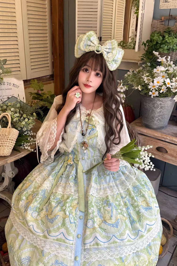 Blue/Green [Lily of the Valley Perfume] Pearl Candy Tea Doll Collar Sleeveless Printed Lace Plus Size Sweet Lolita Jsk Dress