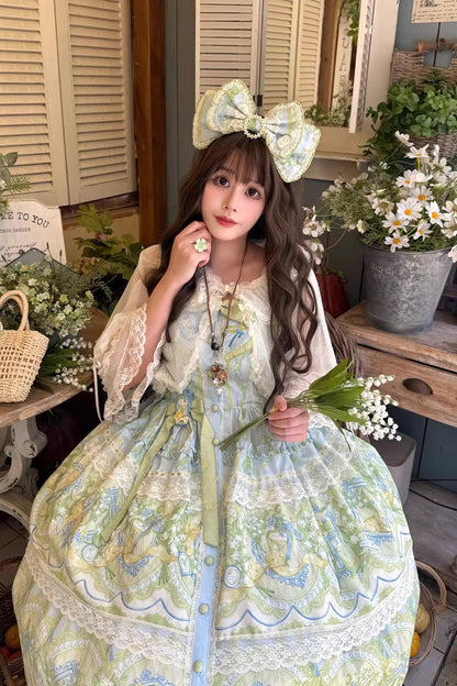 Blue/Green [Lily of the Valley Perfume] Pearl Candy Tea Doll Collar Sleeveless Printed Lace Plus Size Sweet Lolita Jsk Dress