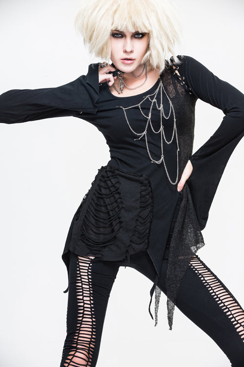 Black Sexy Asymmetrically Broken Holes Spiderweb Shape Chains Women Punk T-Shirt