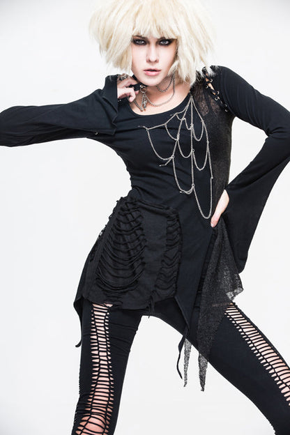 Black Sexy Asymmetrically Broken Holes Spiderweb Shape Chains Women Punk T-Shirt