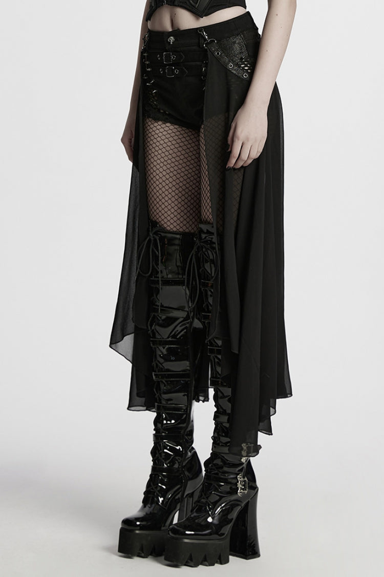 Black Women's Punk Studded Distressed Shorts with Detachable Kilt