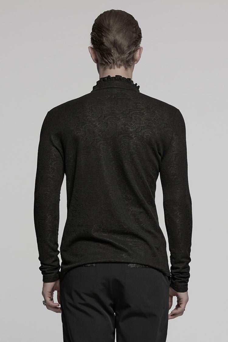 Black V Collar Long Sleeves Jacquard Embroidery Men's Gothic Blouse