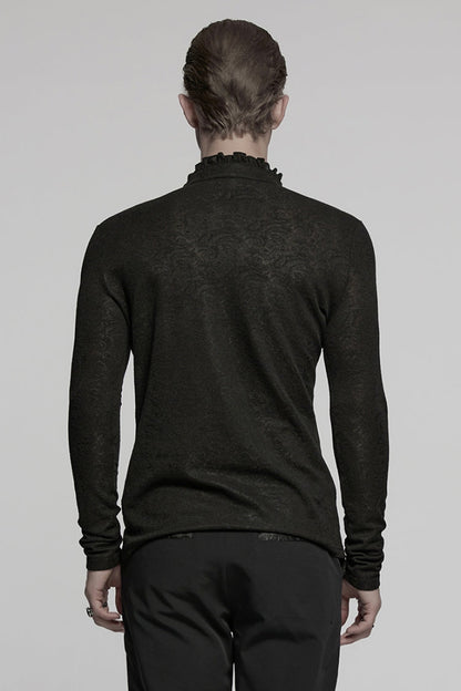 Black V Collar Long Sleeves Jacquard Embroidery Men's Gothic Blouse
