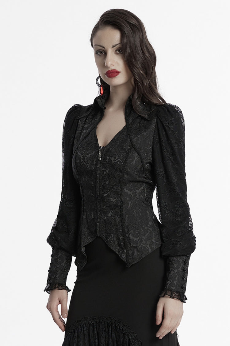 Black V Collar Long Puff Sleeves Lace-Up Zipper Women's Gothic Blouse