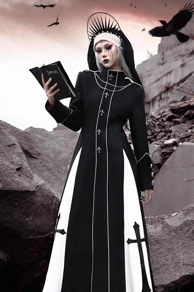 Black [The Trial of a Nun] Cross Print Hollow Cardigan Stitching Gothic Lolita Long Coat
