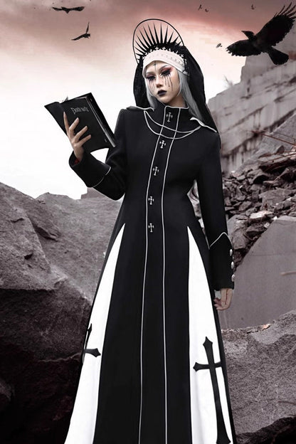 Black [The Trial of a Nun] Cross Print Hollow Cardigan Stitching Gothic Lolita Long Coat