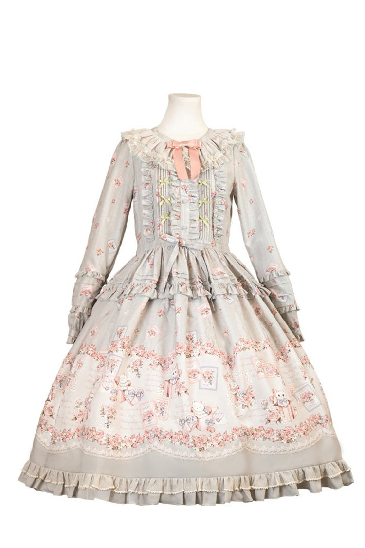 Sweet Long Sleeves FloralPrinted Ruffled Bow Plus Size Elegant Lolita Dress 2 Colors