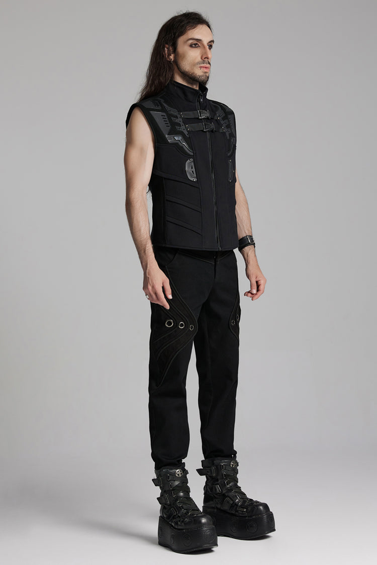 Black Sleeveless Bucke-up Zip Men's Punk Vest