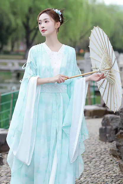 Blue V Collar High Waisted Lace-Up Women's Classic Hanfu Dress