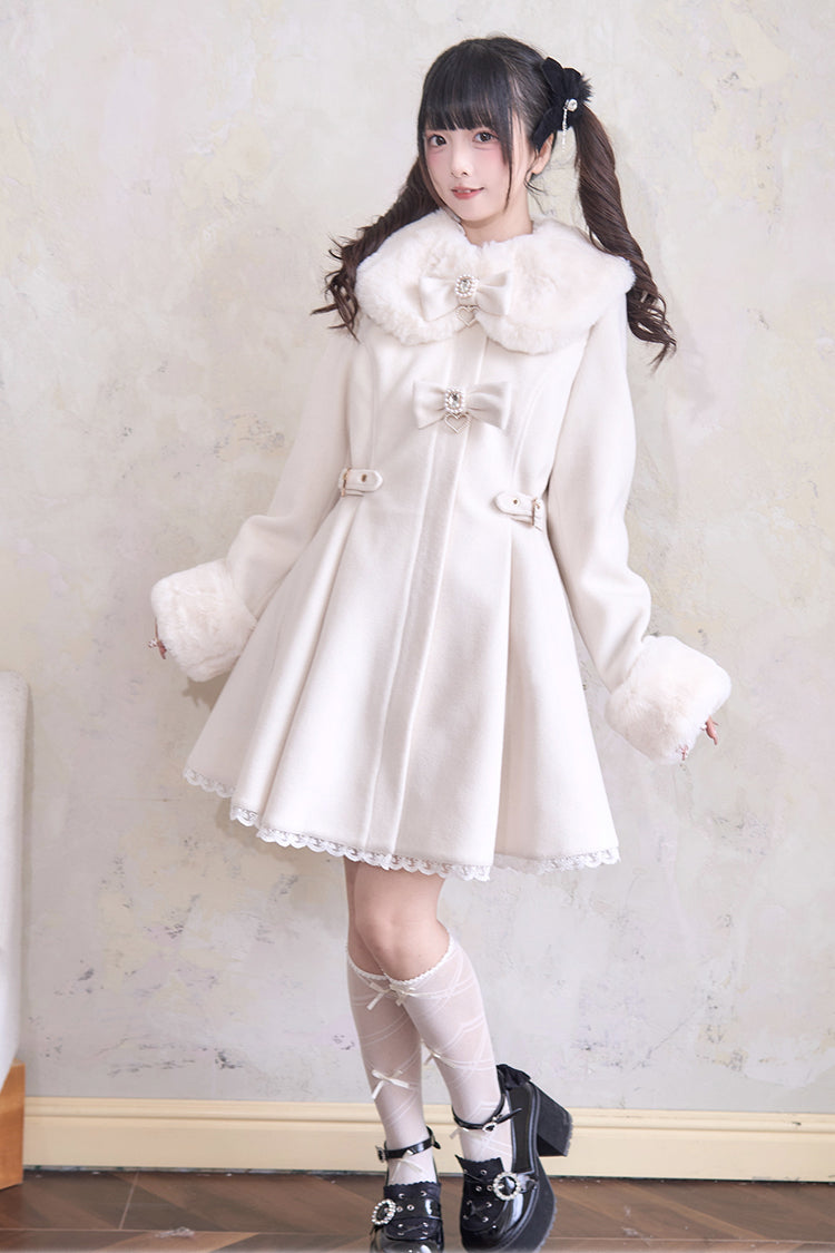 Sweet Plush Collar Waist-cinched Long Sleeves Bowknot Lace Japanese Lolita Coat 4 Colors