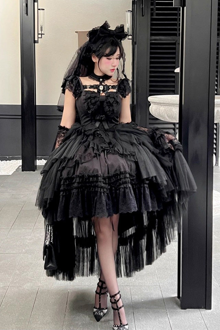 Black [Jewelry Love Story] Halterneck Ruffle Hanayome Bowknot Lace Gothic Lolita Dress