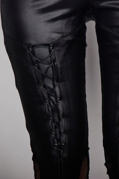 Black Punk Hollow Out Leather Loops Lace Up Leggings Womens Pants